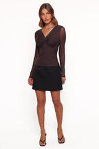 Ellera Brown V Neck Mesh Top - view 5