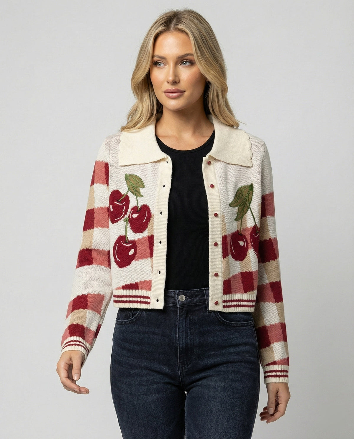 Rosalind Cropped Knitted Cardigan with Cherry Blossom Floral Pattern - view 2