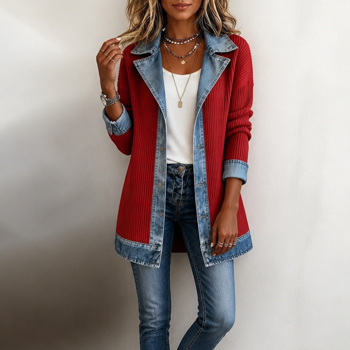 Xia Ribbed Knit Cardigan with Denim Panels - view 11