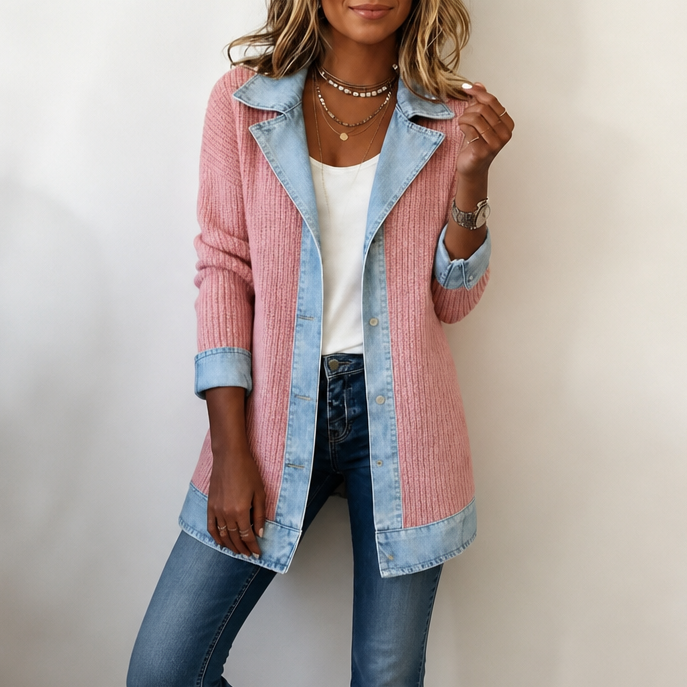 Xia Ribbed Knit Cardigan with Denim Panels - view 14