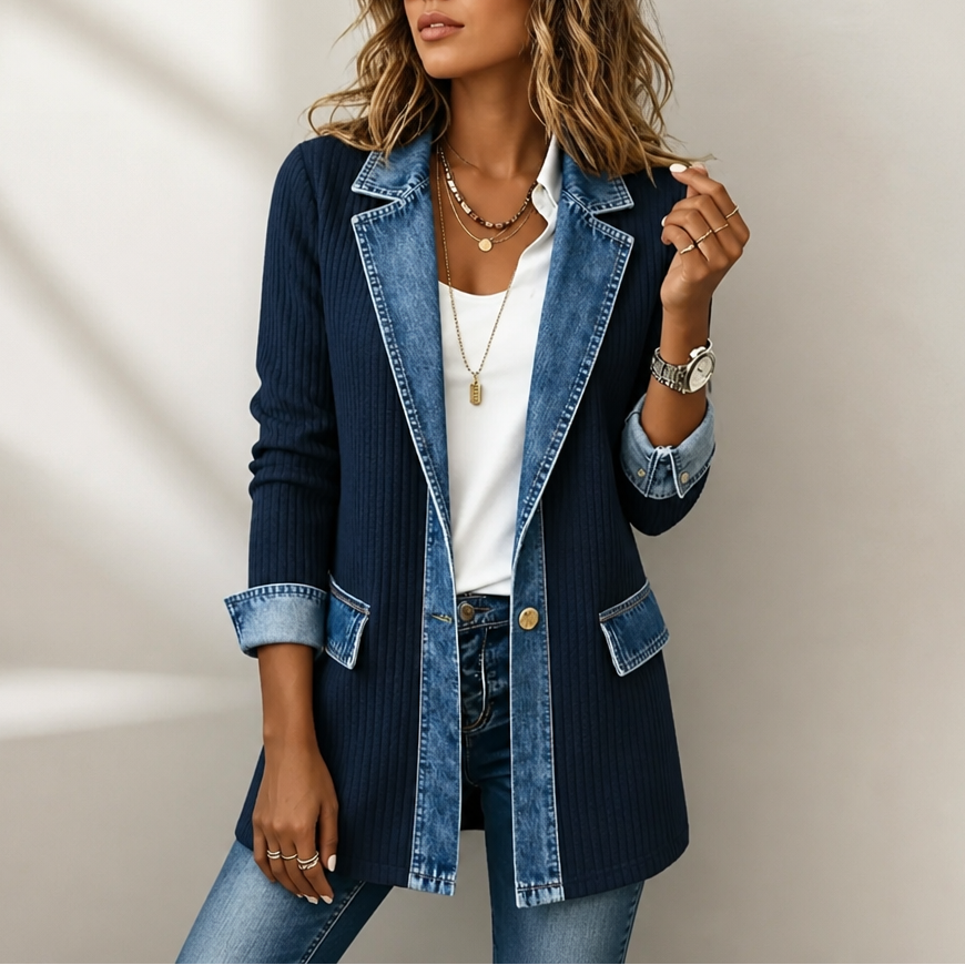 Xia Ribbed Knit Cardigan with Denim Panels - view 15