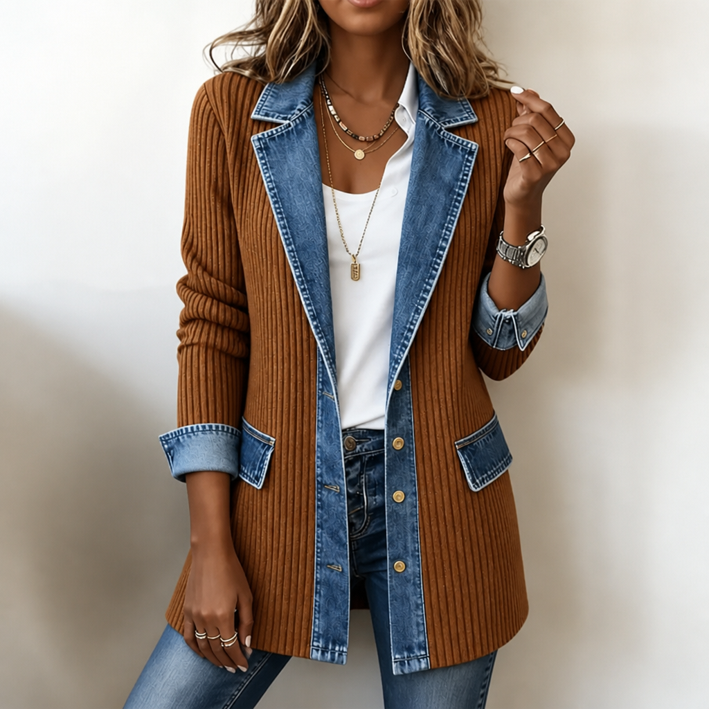 Xia Ribbed Knit Cardigan with Denim Panels - view 16